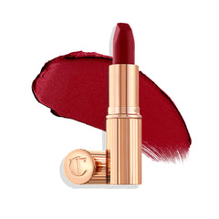 Charlotte Tilbury front packaging showing bold red shade and elegant tube benefit: gift-ready presentation