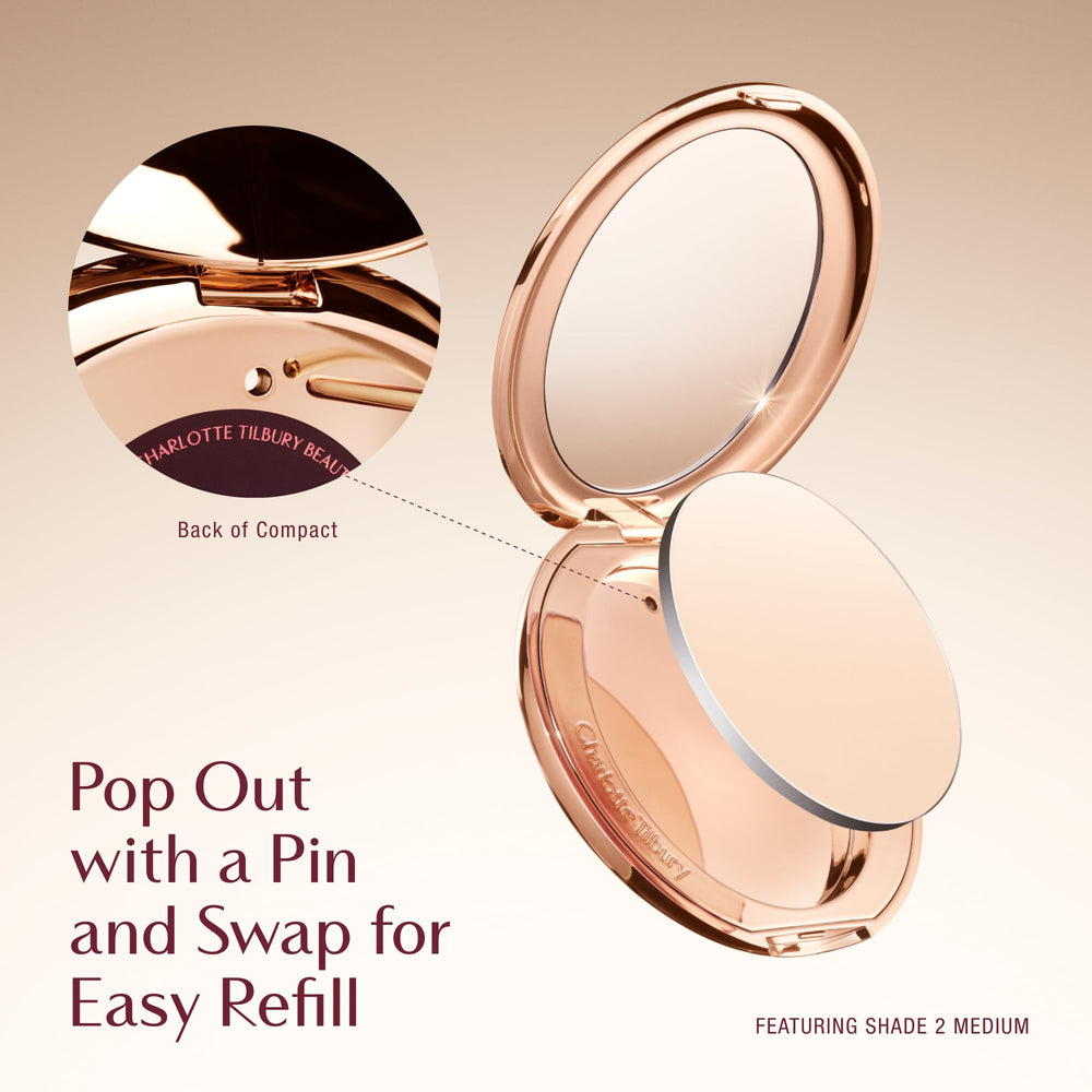 Charlotte Tilbury compact open side profile showing refill placement and secure closure benefit