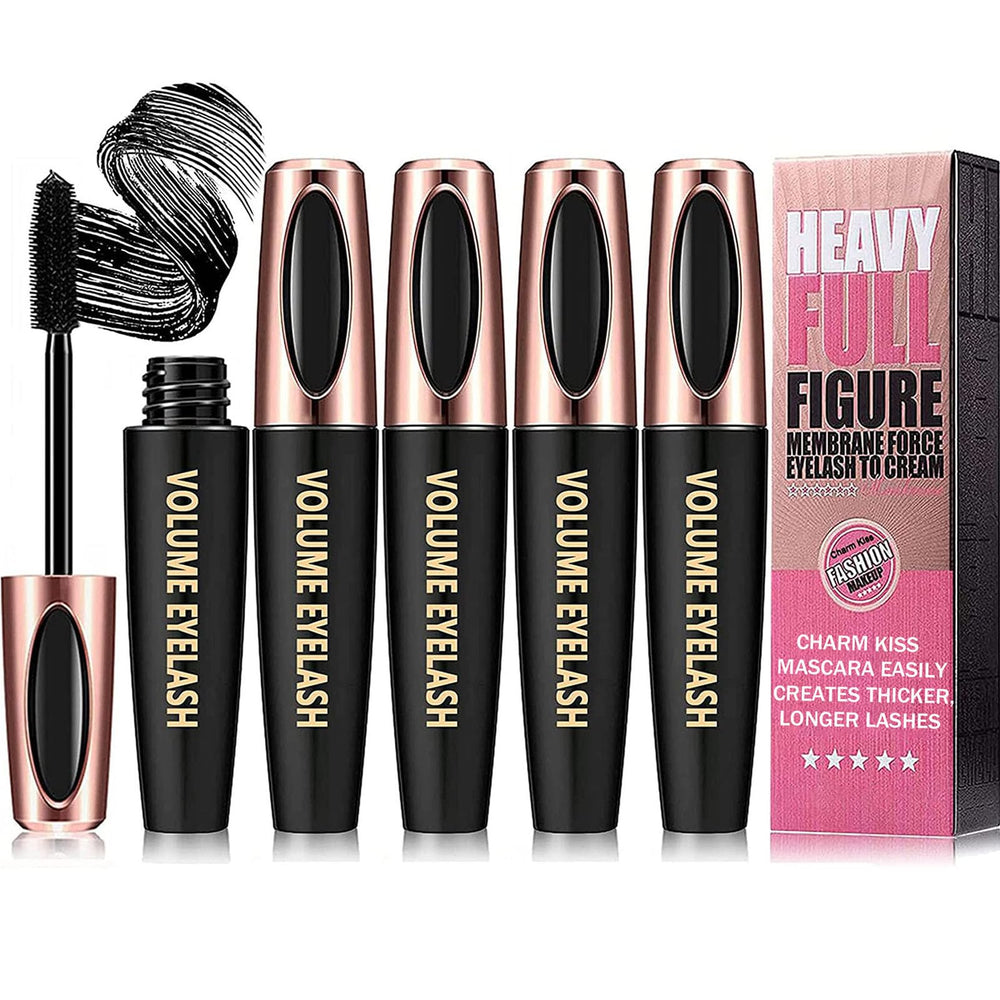 Charm Kiss front packaging showing four mascara tubes and bold black finish benefit of value