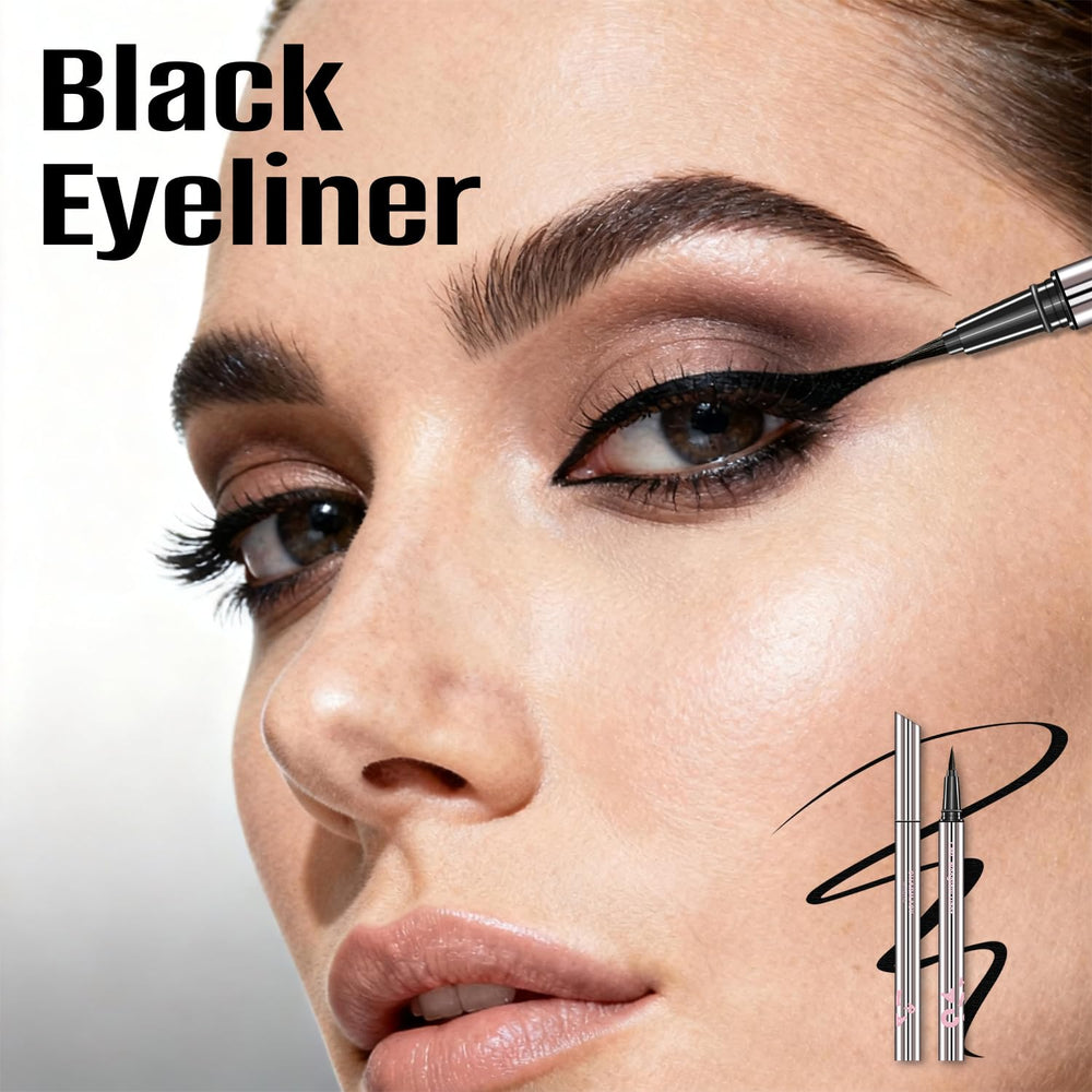 Charmacy eyeliner next to makeup essentials in bag for travel convenience