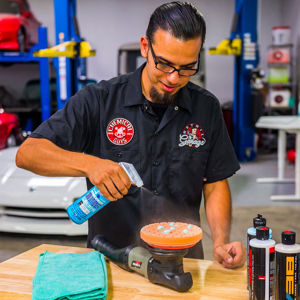 Chemical Guys in use on a polisher reducing friction and heat buildup