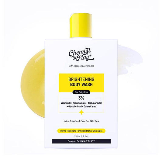 Chemist at Play brightening body wash front bottle showing package and benefit