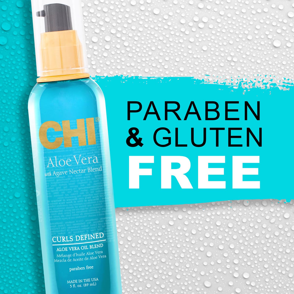 CHI aloe vera oil applied to curly hair improving definition and shine