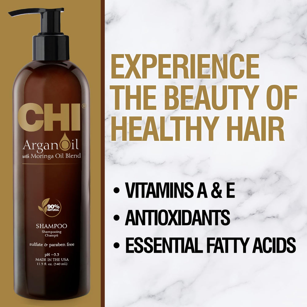 CHI bottle pump and label detail highlighting nourishing oils benefit