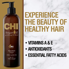 CHI bottle pump and label detail highlighting nourishing oils benefit