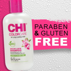 CHI shampoo on vanity with towel and brush for styled finish