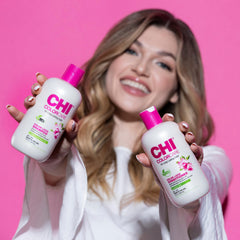 CHI before and after on color-treated hair showing improved shine