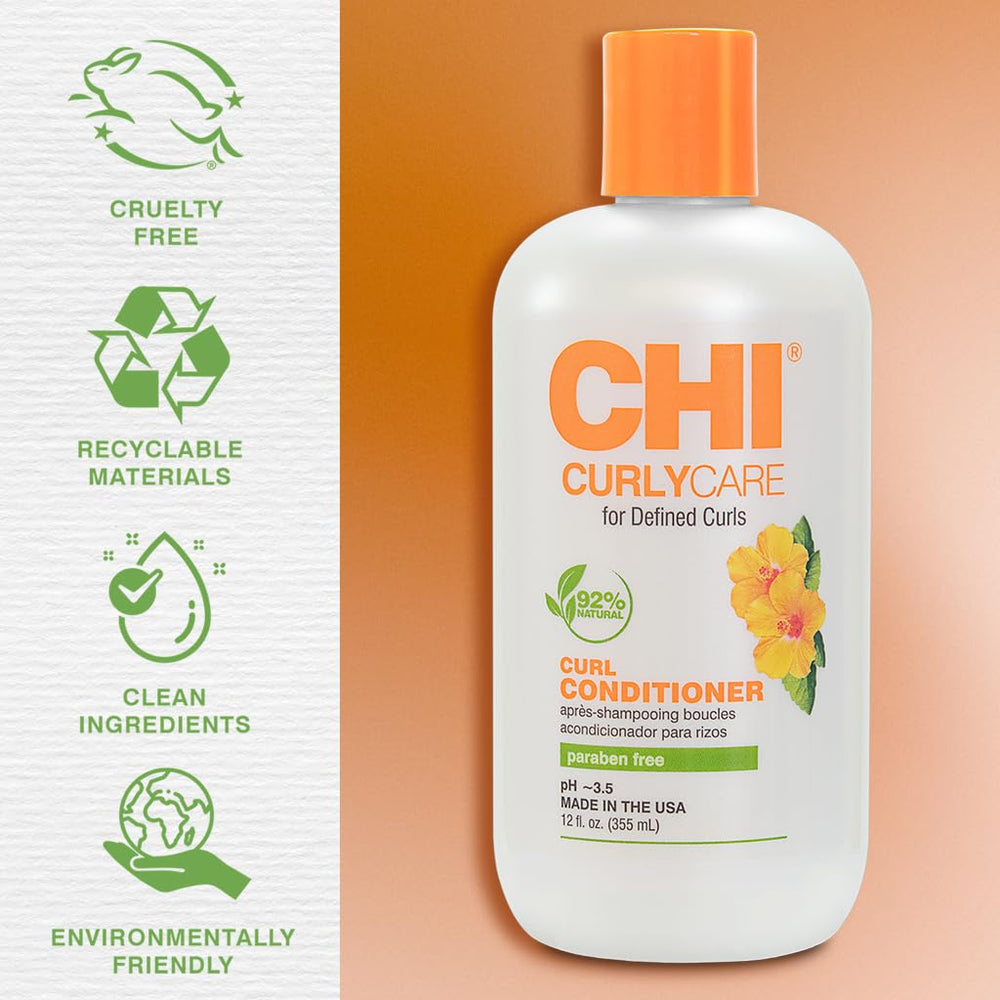 Smiling model with defined curls after using CHI CurlyCare conditioner