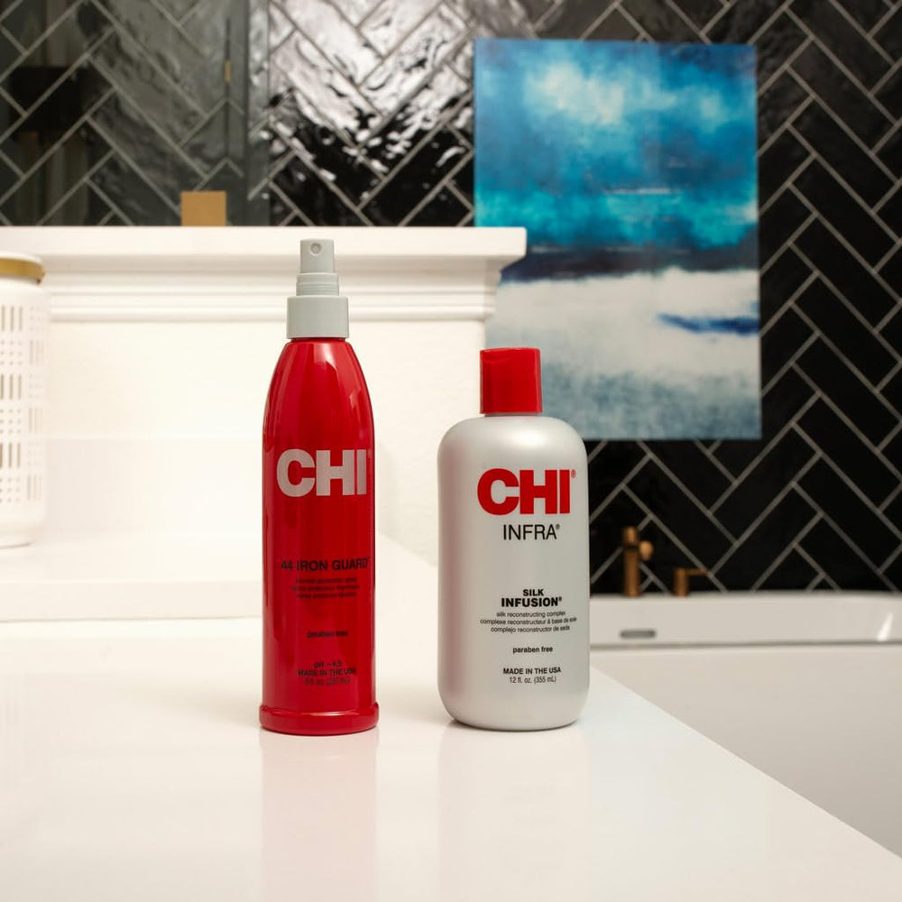 CHI bottle on bathroom shelf suggesting daily routine benefit