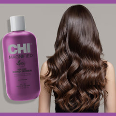 CHI conditioner in bathroom lifestyle shot demonstrating fuller hair styling