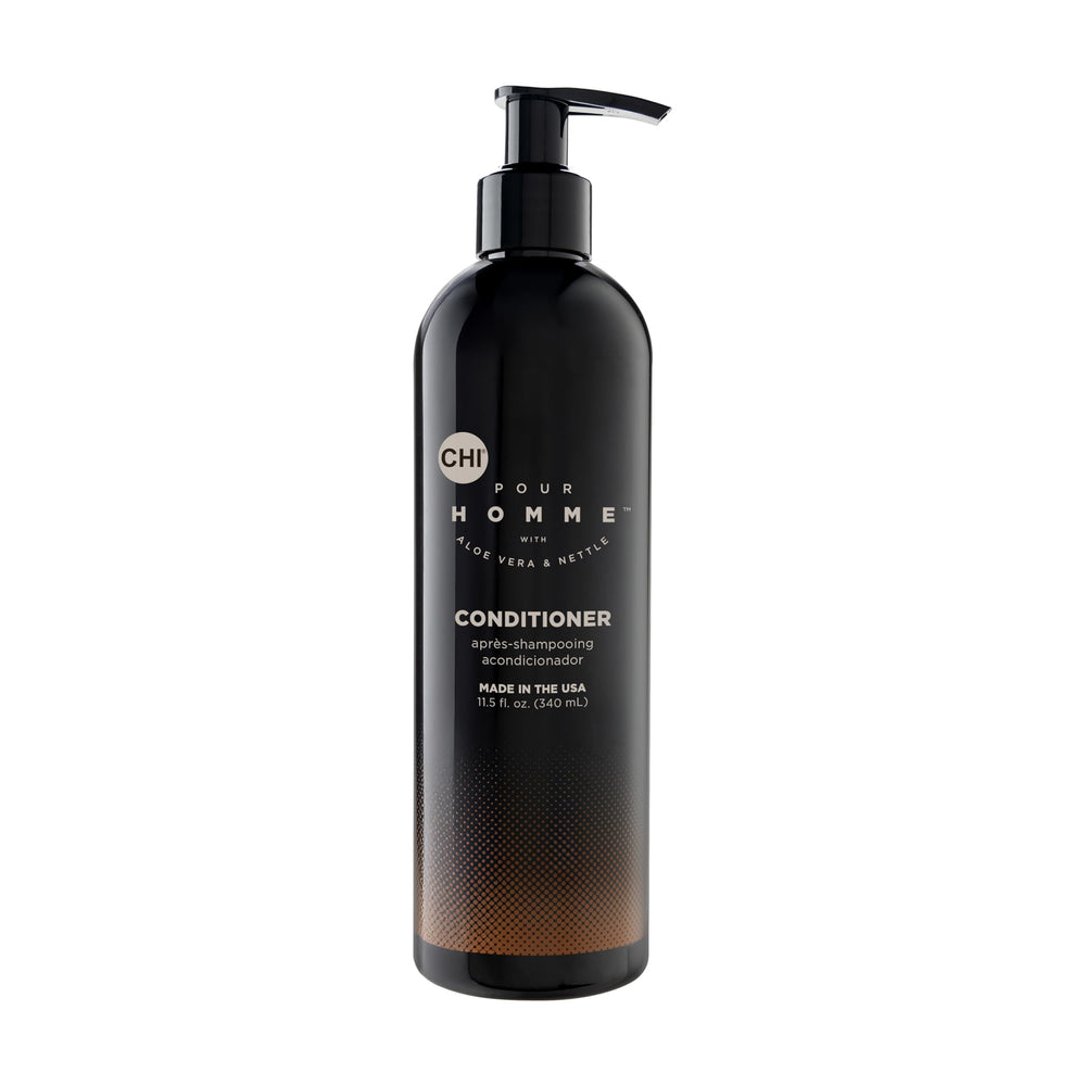 CHI Pour Homme front packaging showing 11.5 oz bottle and brand benefit