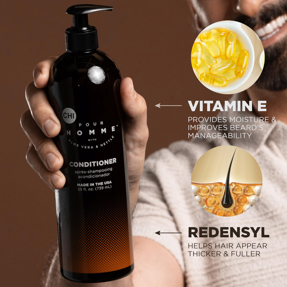 CHI Pour Homme in-shower use on wet hair demonstrating hydration benefit