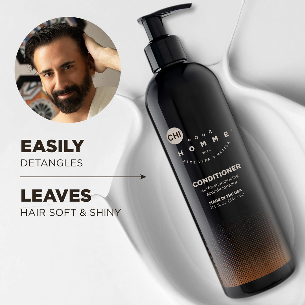 CHI Pour Homme ingredients display with aloe and nettle showing nourishing benefits