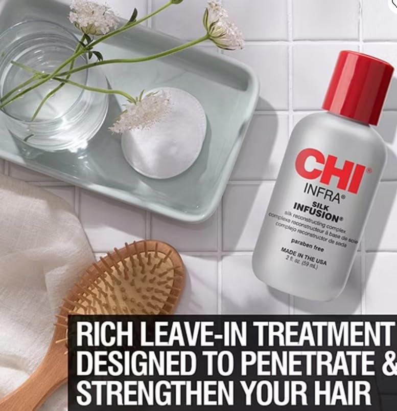 CHI Silk Infusion applied while styling demonstrating frizz control benefit