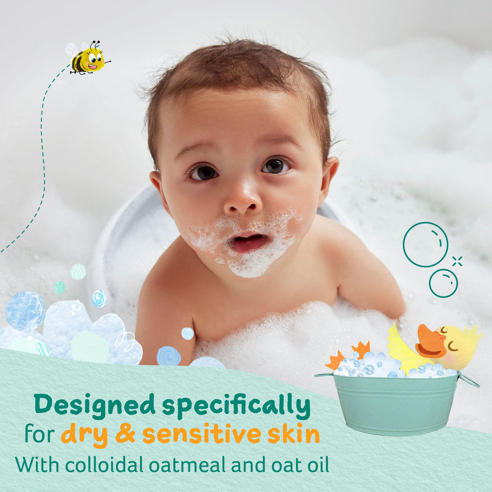 Childs Farm bubble bath pouring into tub creating soft bubbles for soothing cleanse