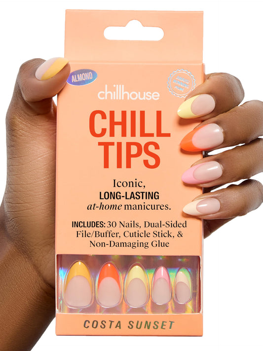 Chillhouse front packaging showing Costa Sunset kit and benefit of ready-to-wear nails