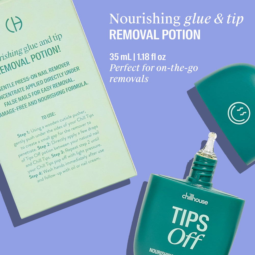 Chillhouse Tips Off oil drops on fingertip texture showing nourishing formula benefit