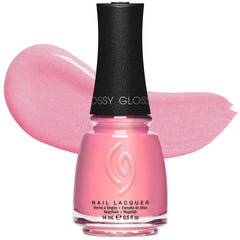 China Glaze front bottle view showing rose pink shade and glossy finish benefit