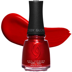 China Glaze front bottle showing red-pearl shade and glossy finish benefit