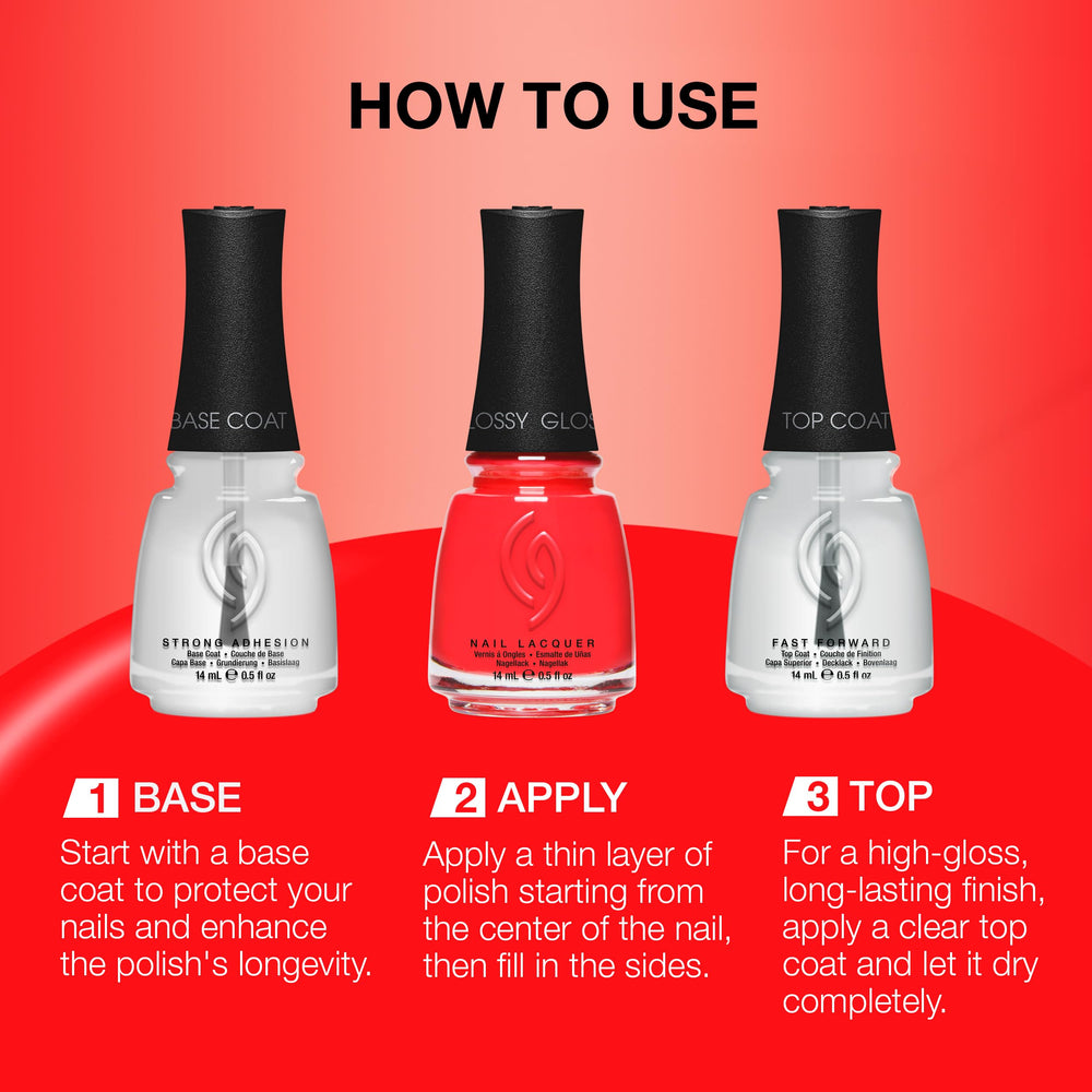 China Glaze bottle cap and label detail illustrating brush design and formula benefits