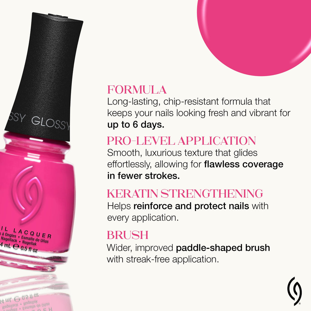 China Glaze nail swatch on hand model showcasing vibrant fuchsia wear