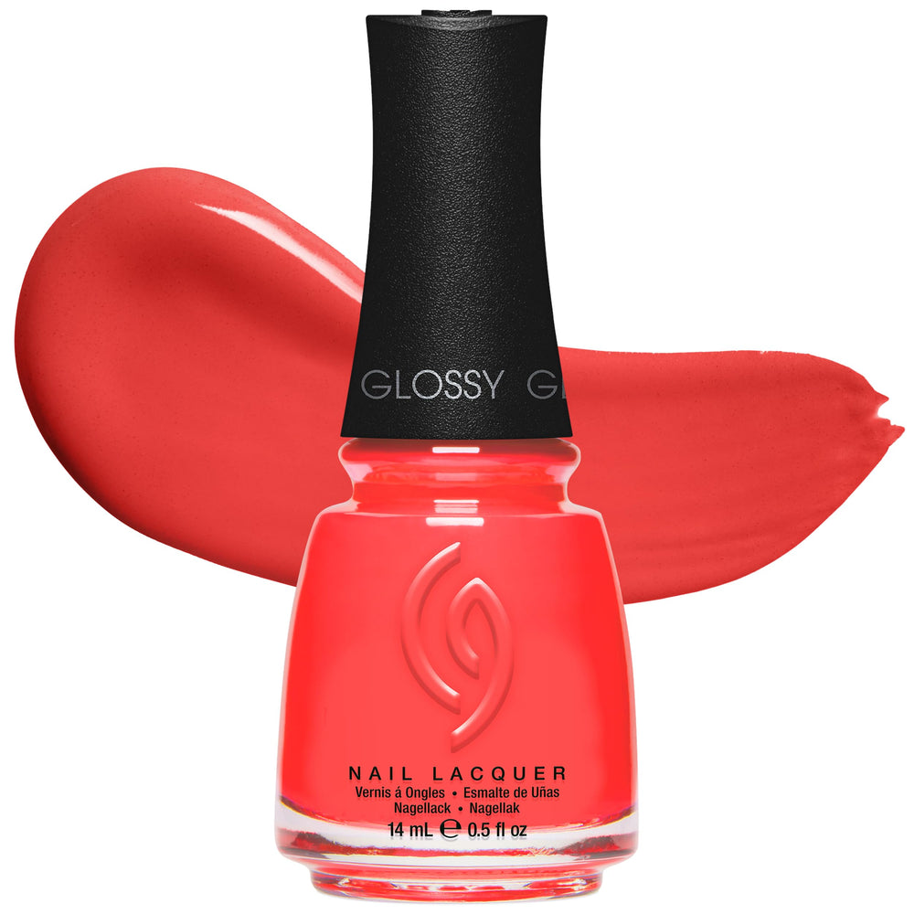 China Glaze bottle front view showing vibrant coral-red color and label benefit