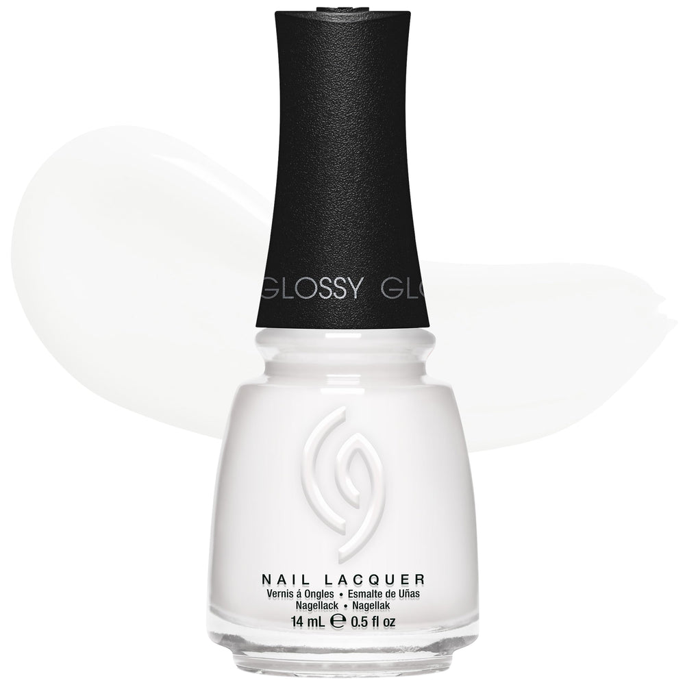 China Glaze bottle front view showing glossy white lacquer and label, highlighting brand quality