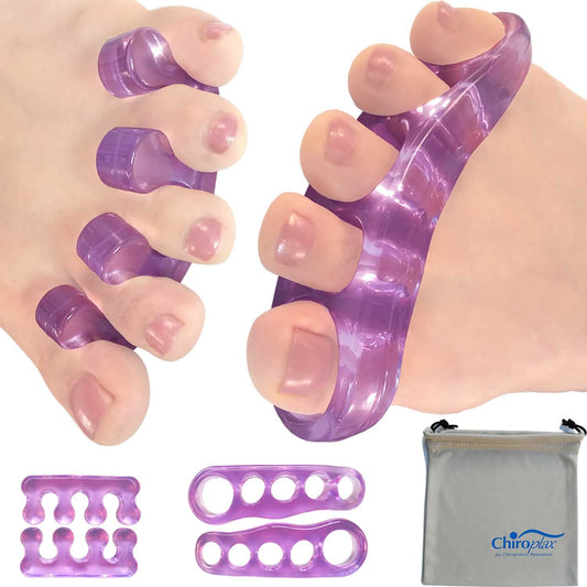 Chiroplax front packaging showing lavender toe separators and pouch for easy storage