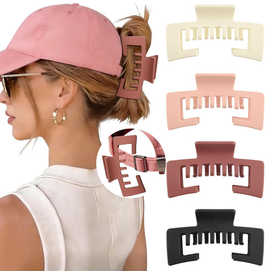 CHLINS front view of four hat-friendly claw clips showing colors and finish, easy styling