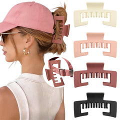 CHLINS front view of four hat-friendly claw clips showing colors and finish, easy styling