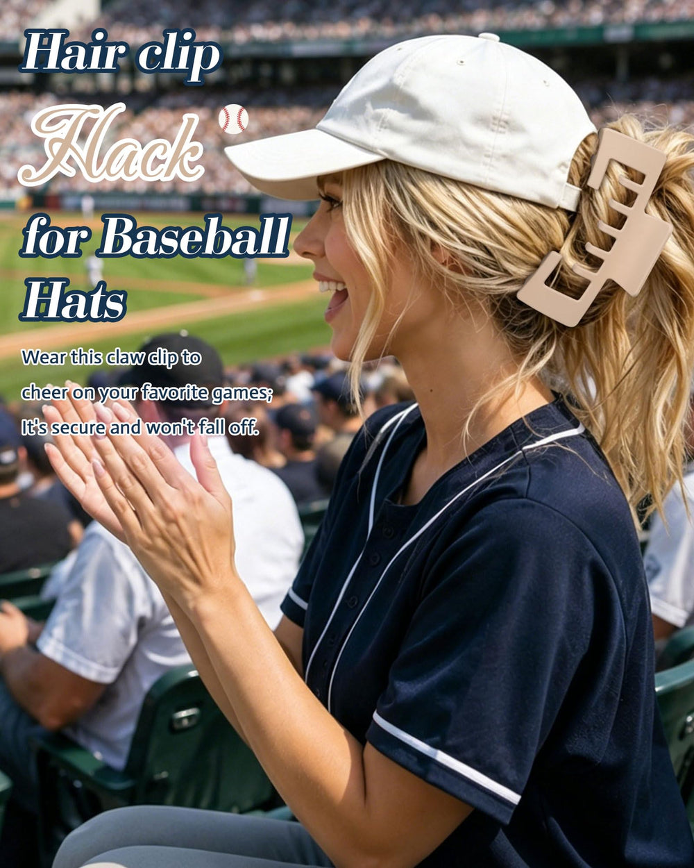 CHLINS clip in use on a baseball cap with bun, quick styling benefit