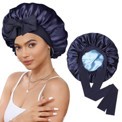 CHLINS satin bonnet front view showing navy and light blue for neat protection