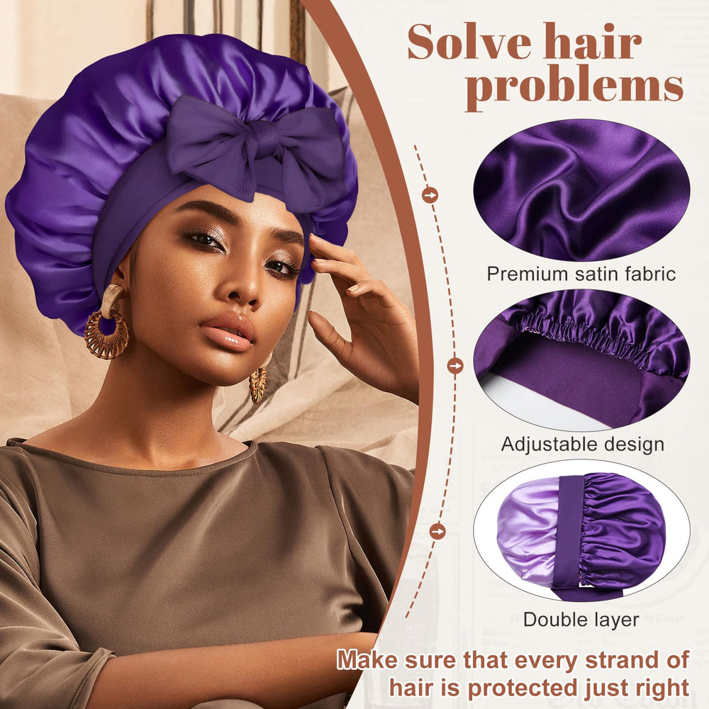 CHLINS satin bonnet worn by model with curly hair to preserve curls