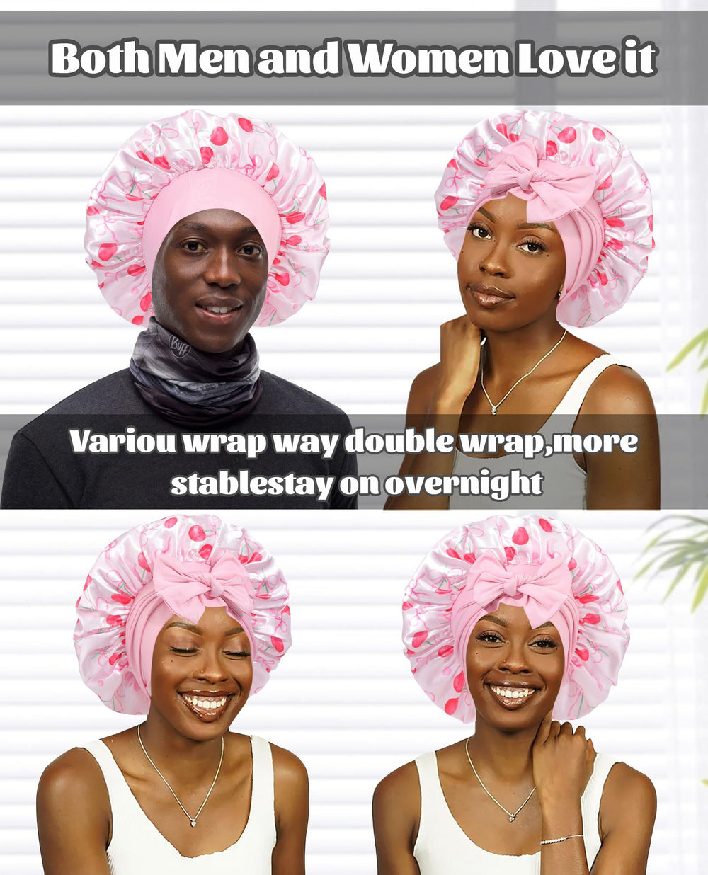 CHLINS bonnet worn with ponytail showing space for long or voluminous hair