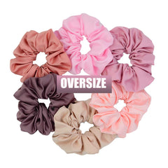 Chloven front view of six blush scrunchies showing cohesive color set and styling benefit