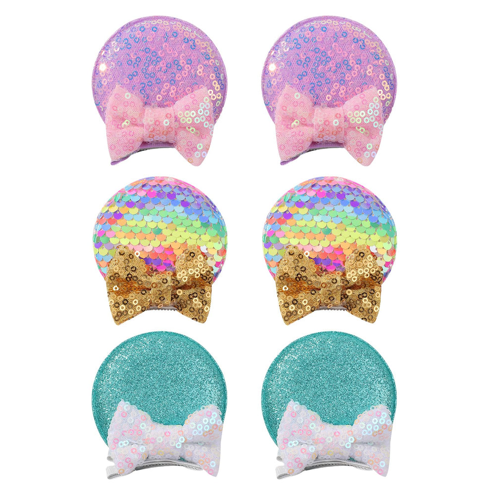 choicbaby front view of six round ears bows showing colors and packaging, easy outfit matching