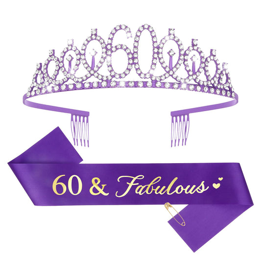 CIEHER front view of purple sash and rhinestone 60 tiara, ready for gifting