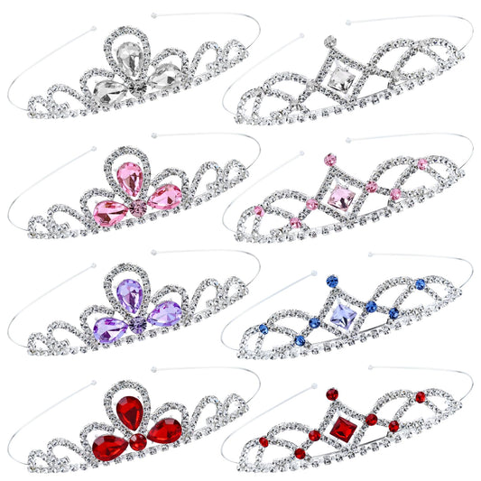Cinaci front view of eight silver tiaras showing colorful rhinestones and coordinated set benefits