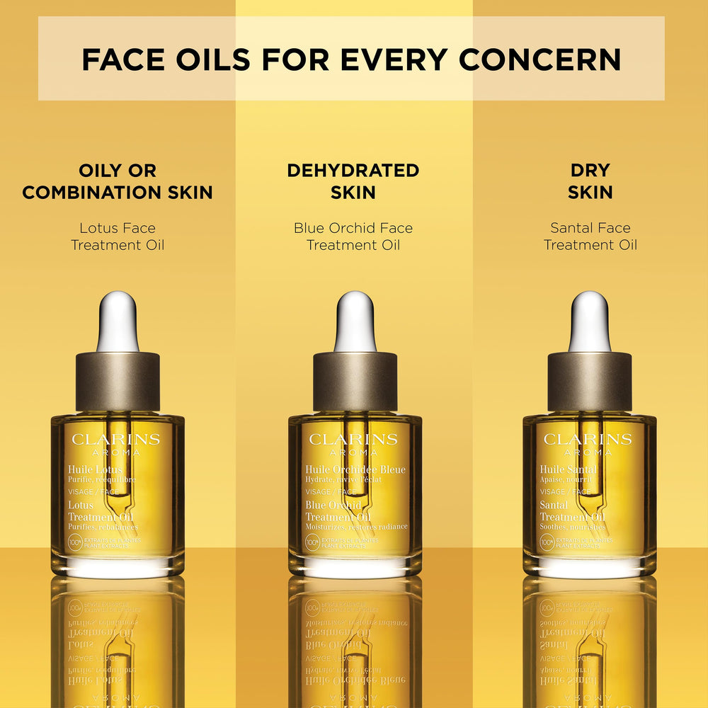 CLARINS model applying oil to face demonstrating easy layering and instant glow benefit