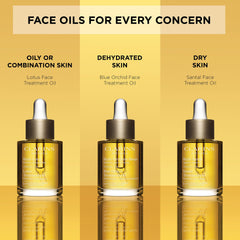 CLARINS model applying oil to face demonstrating easy layering and instant glow benefit