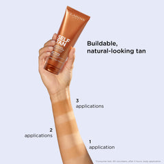 Clarins being smoothed on forearm to show streak-free, even color result