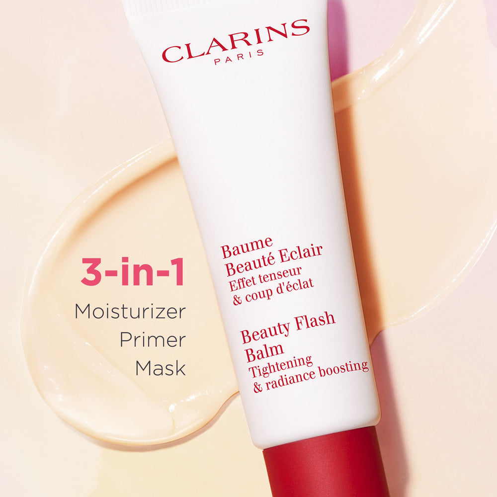 Clarins packaging next to organic ingredient visuals showcasing natural-origin plant benefits
