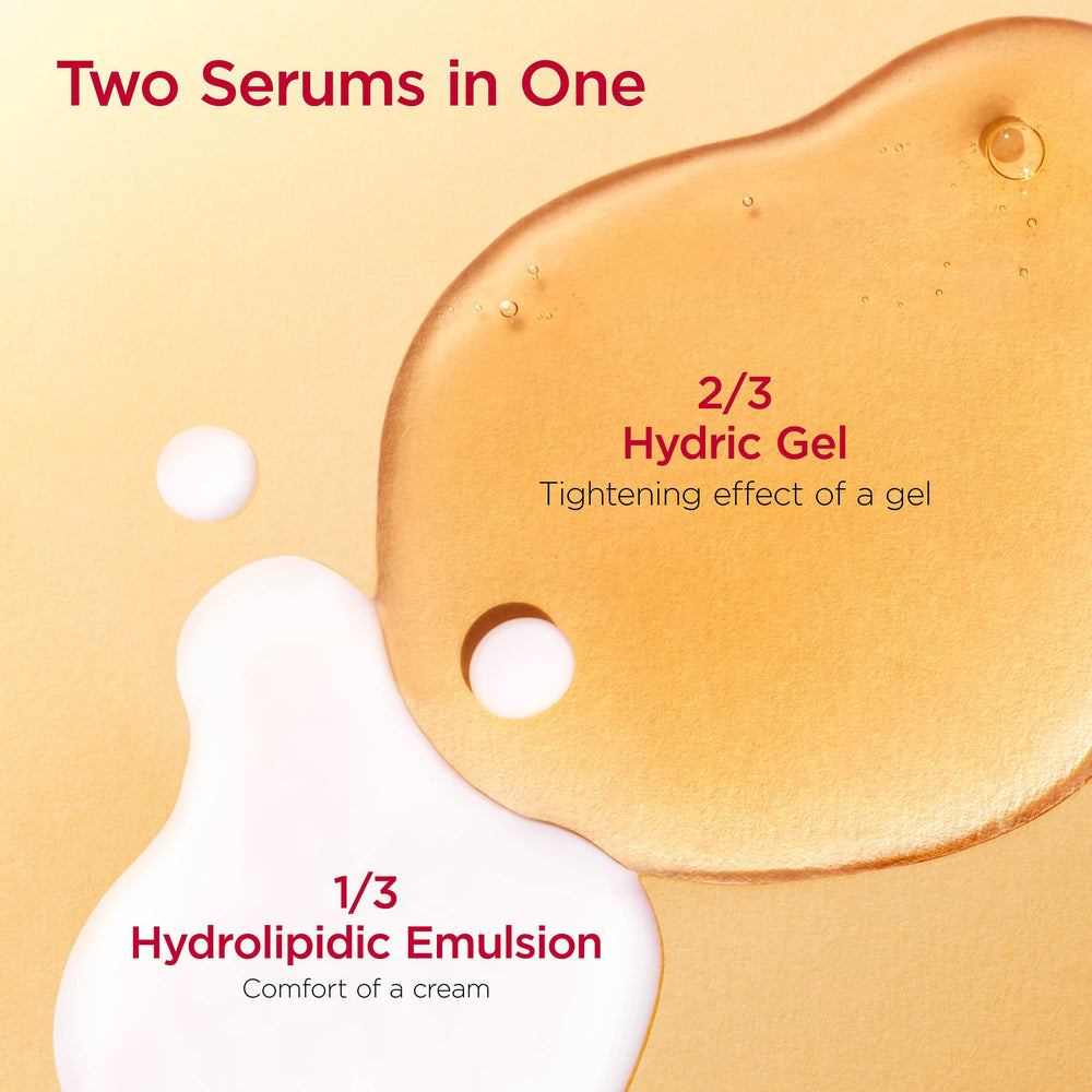 Clarins Double Serum Eye applied to skin near eye illustrating smoothing and hydration effect