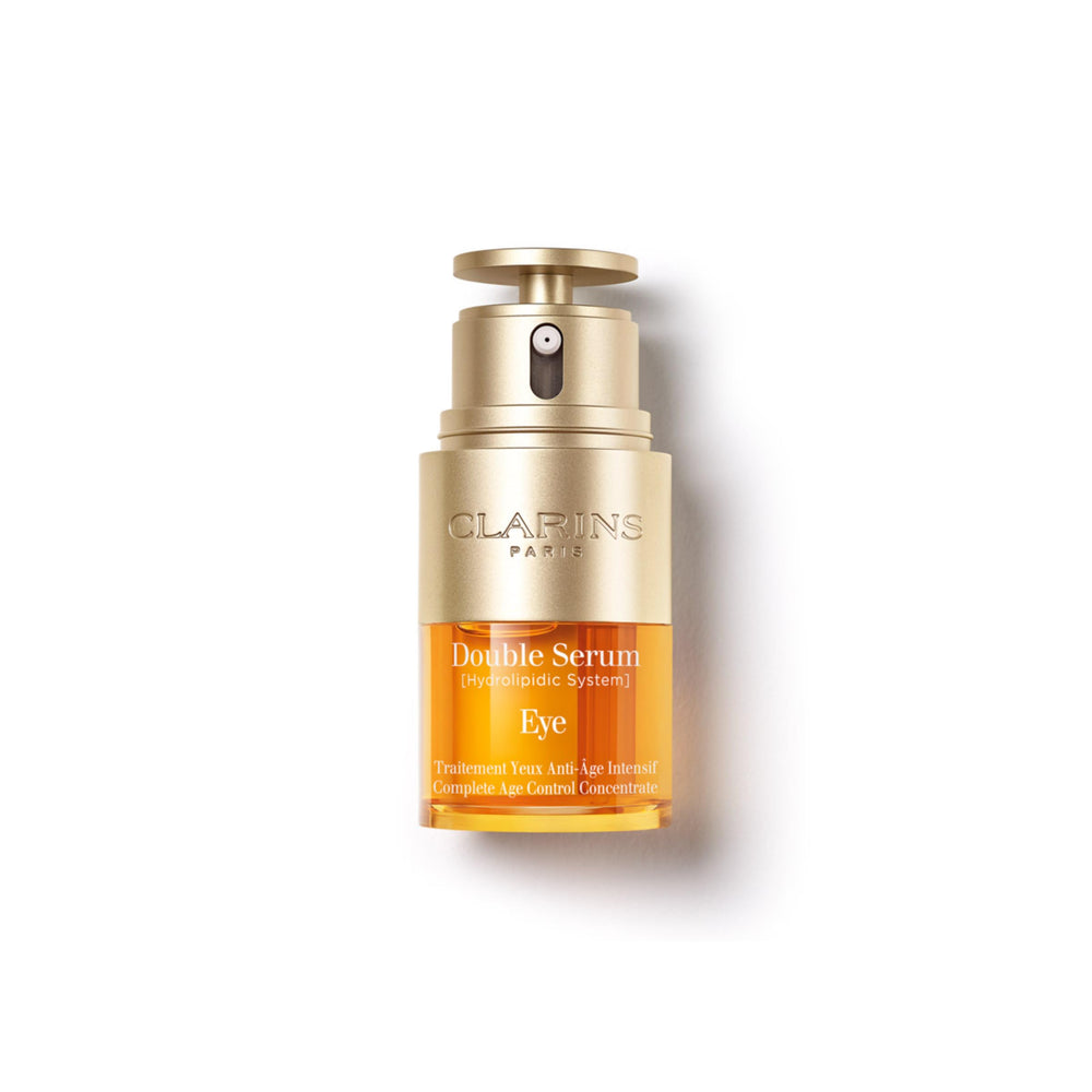 Clarins Double Serum Eye front pump bottle showing elegant packaging and precision dispensing