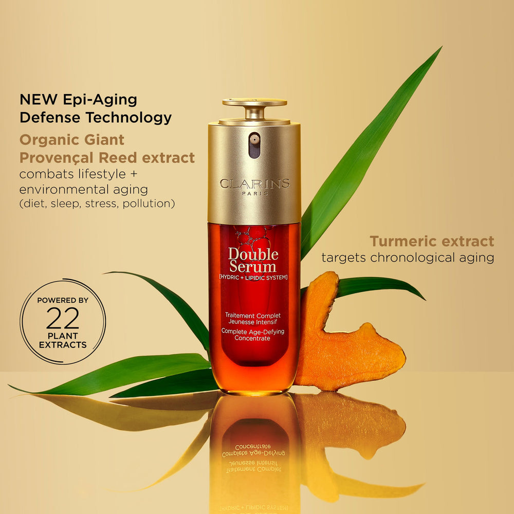 Clarins Double Serum size comparison 1.7 fl oz showing travel-friendly volume benefit