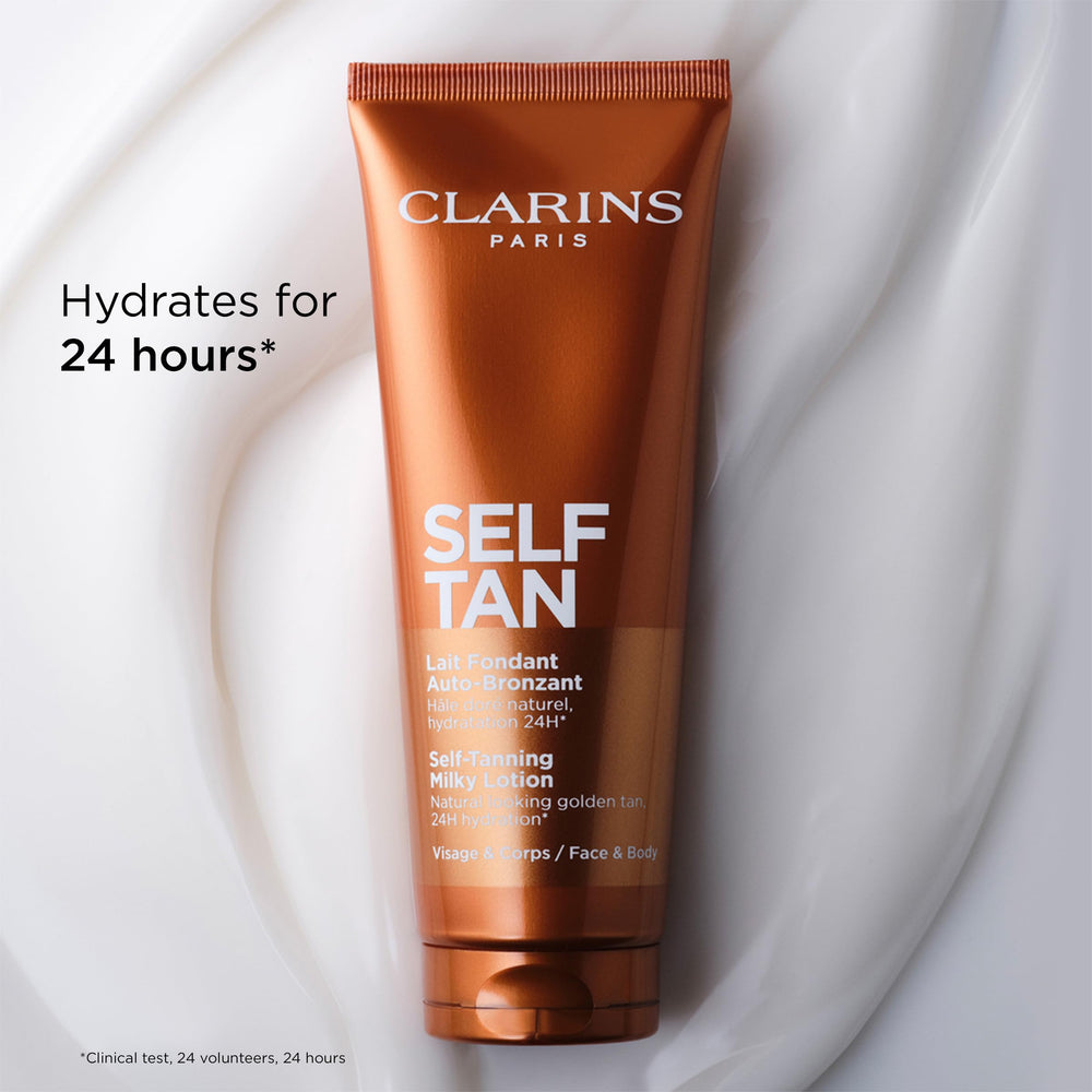 Clarins small face application illustrating buildable, natural-looking tan