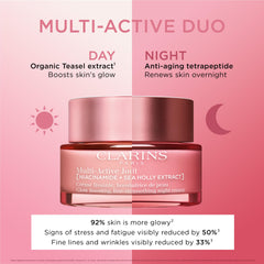 Clarins before and after model showing refined pores and smoother skin benefit