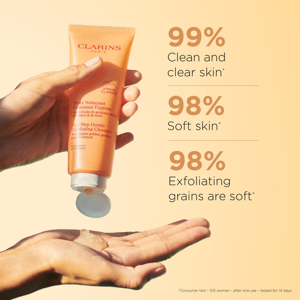 Clarins plant-based exfoliating beads close-up revealing gentle texture for smooth skin
