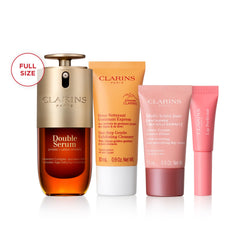 Clarins starter set box overhead view highlighting Amazon-exclusive selection benefit