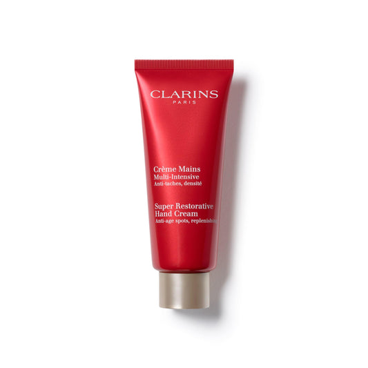 Clarins Super Restorative Hand Cream tube front view shows packaging and benefits